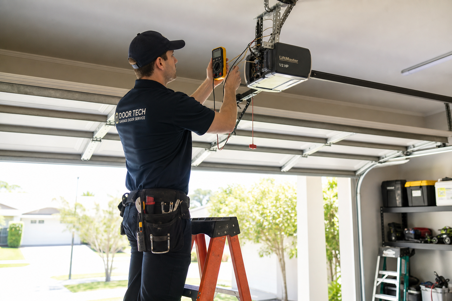 Professional garage door technician diagnosing opener problems with specialized tools