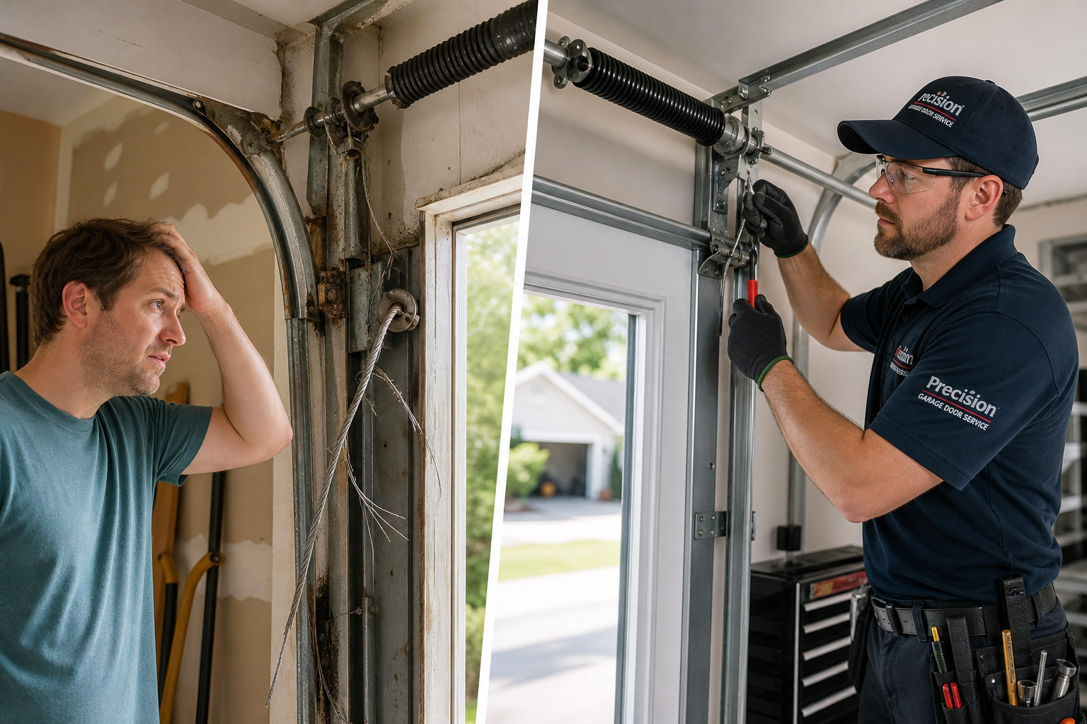 Comparison of damaged garage door requiring professional repair versus expert technician at work