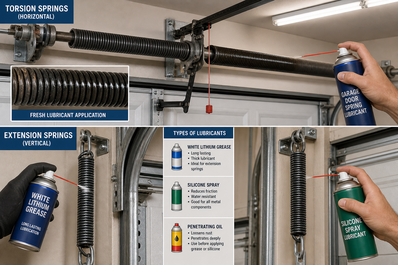 Garage door springs being lubricated for maintenance