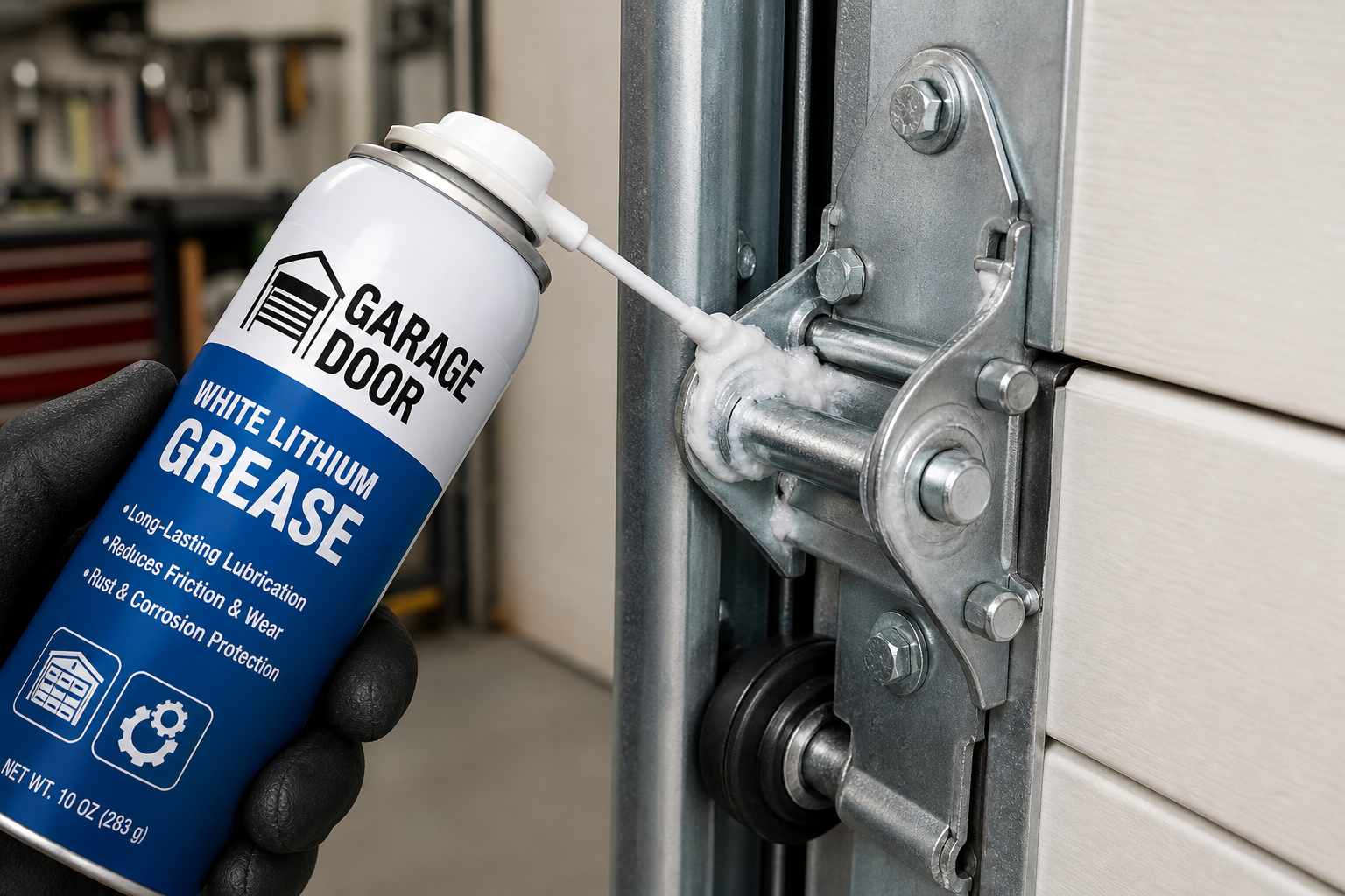 White lithium grease being applied to garage door hinges