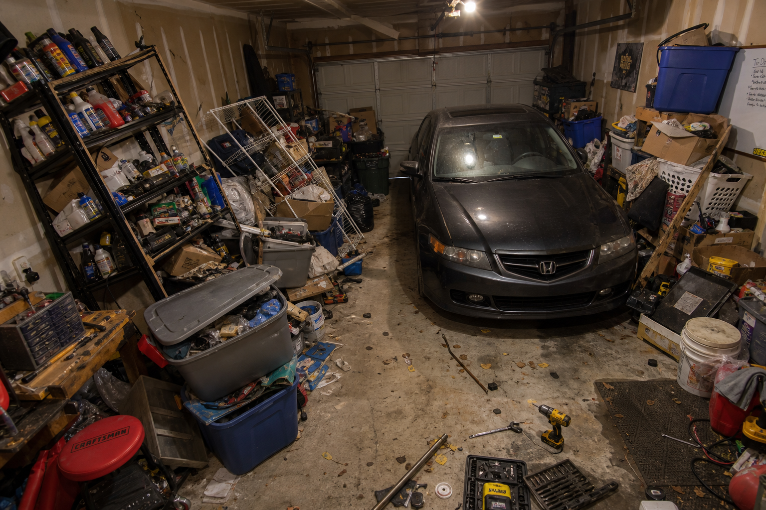 Cluttered garage showing failed DIY organization with collapsed shelving and scattered items