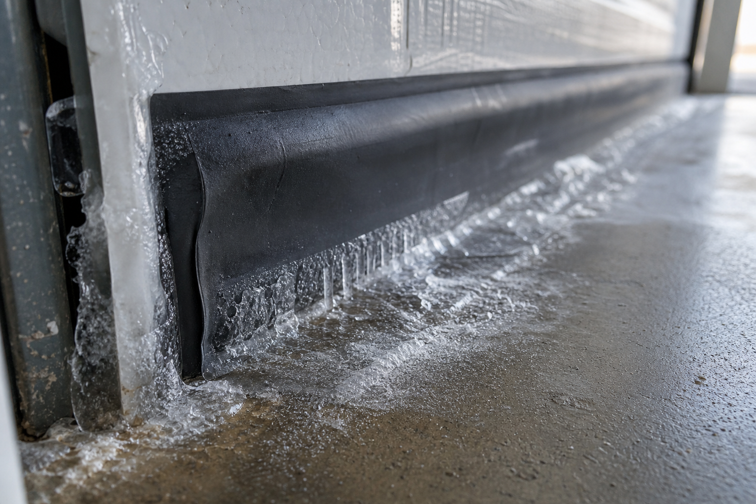 Garage door weather seal frozen to concrete floor with ice crystals