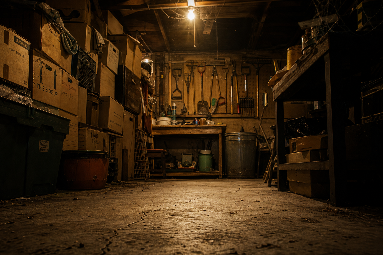 Cluttered garage interior with boxes, tools, and dark corners where spiders typically hide