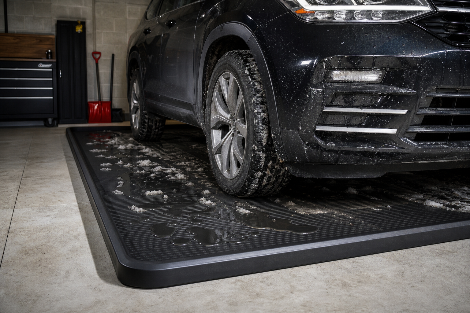 Winter containment garage mat with raised edges for snow and water collection