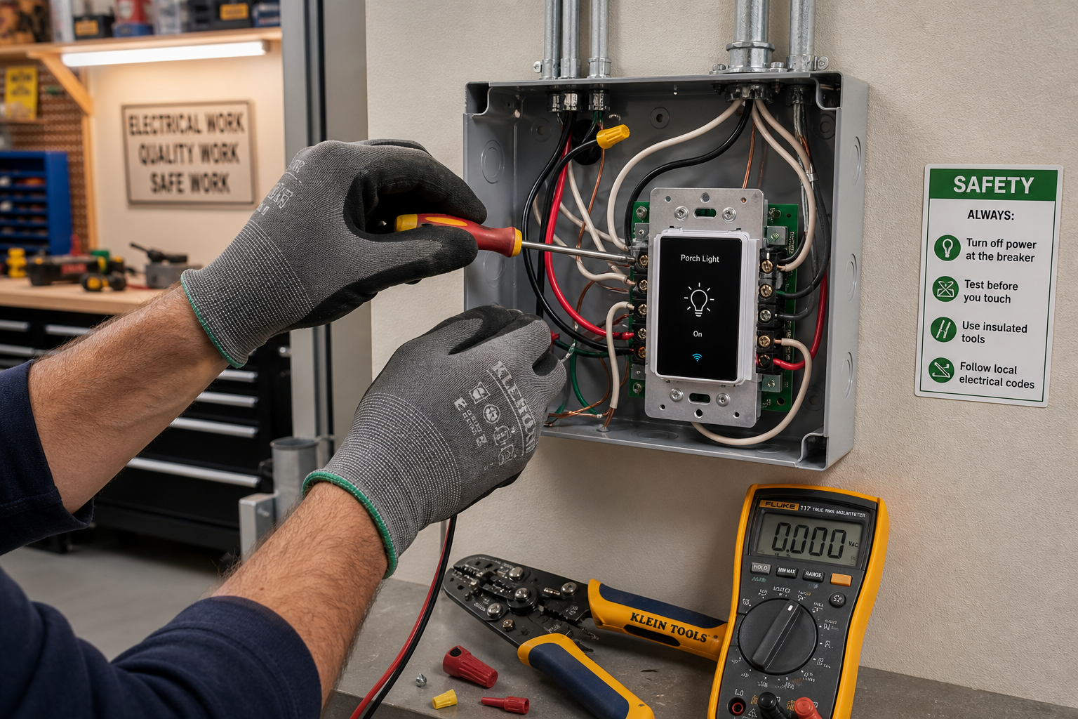 Electrician troubleshooting smart switch wiring in garage electrical panel