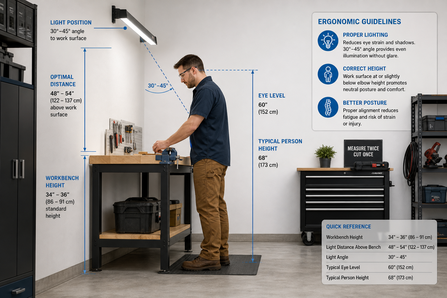 Diagram showing proper relationship between workbench height and task lighting placement