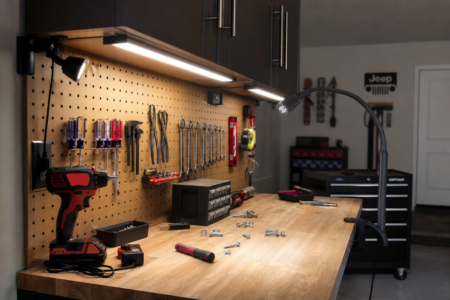 Garage workbench with LED task lighting illuminating tools and work surface