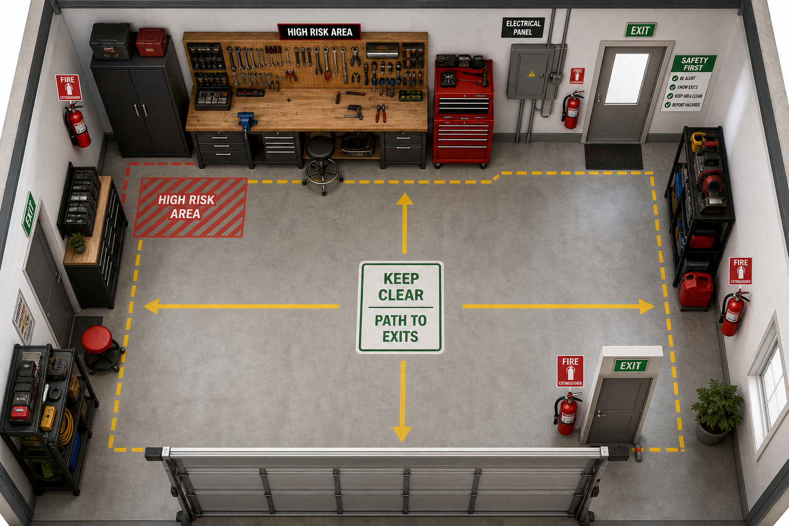 Garage workshop layout showing strategic fire extinguisher placement and safety considerations