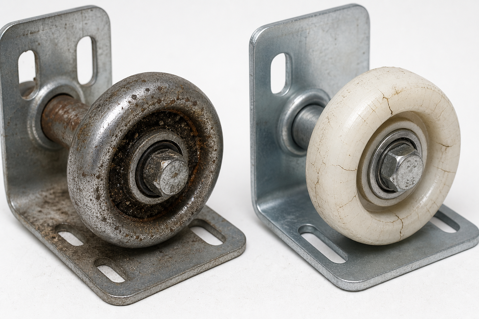 Comparison of worn steel and nylon garage door rollers showing damage