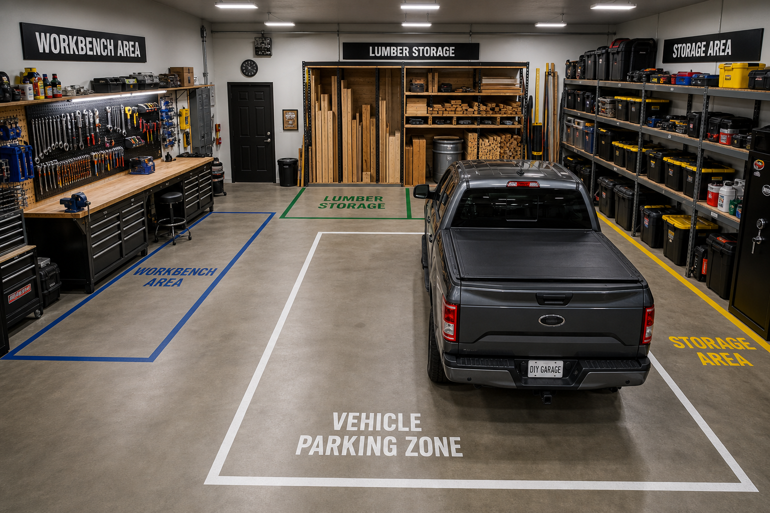 Organized garage workshop showing different work zones and storage areas