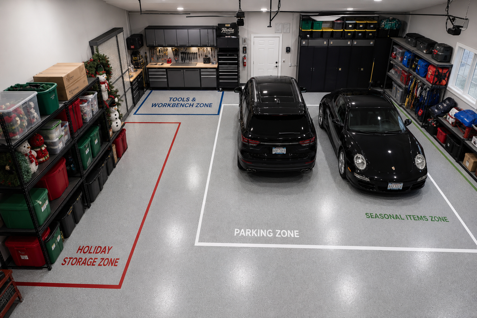 Organized garage interior showing different zones for storage and activities