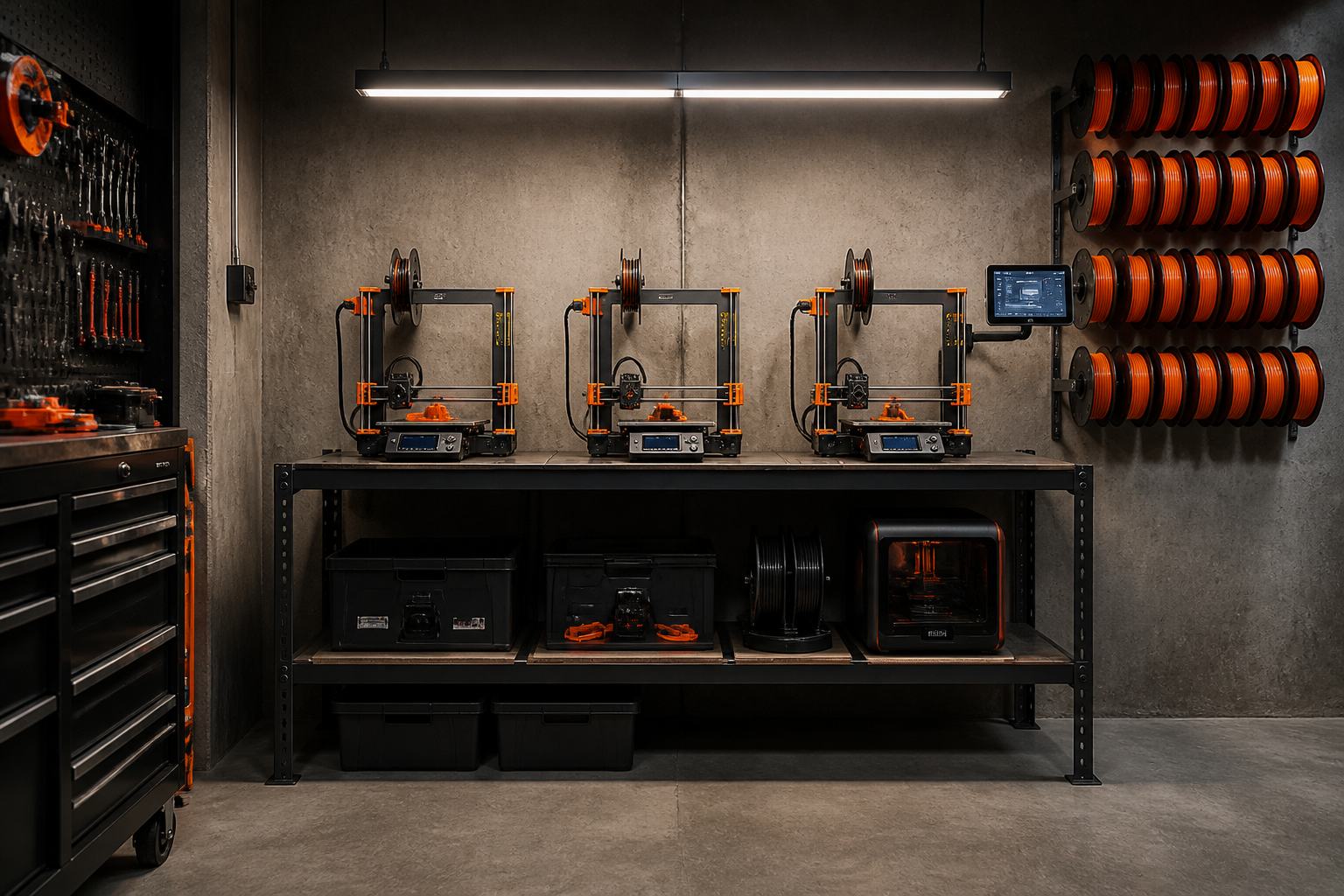 Industrial garage 3D printing hub with multiple FDM printers and organized filament storage