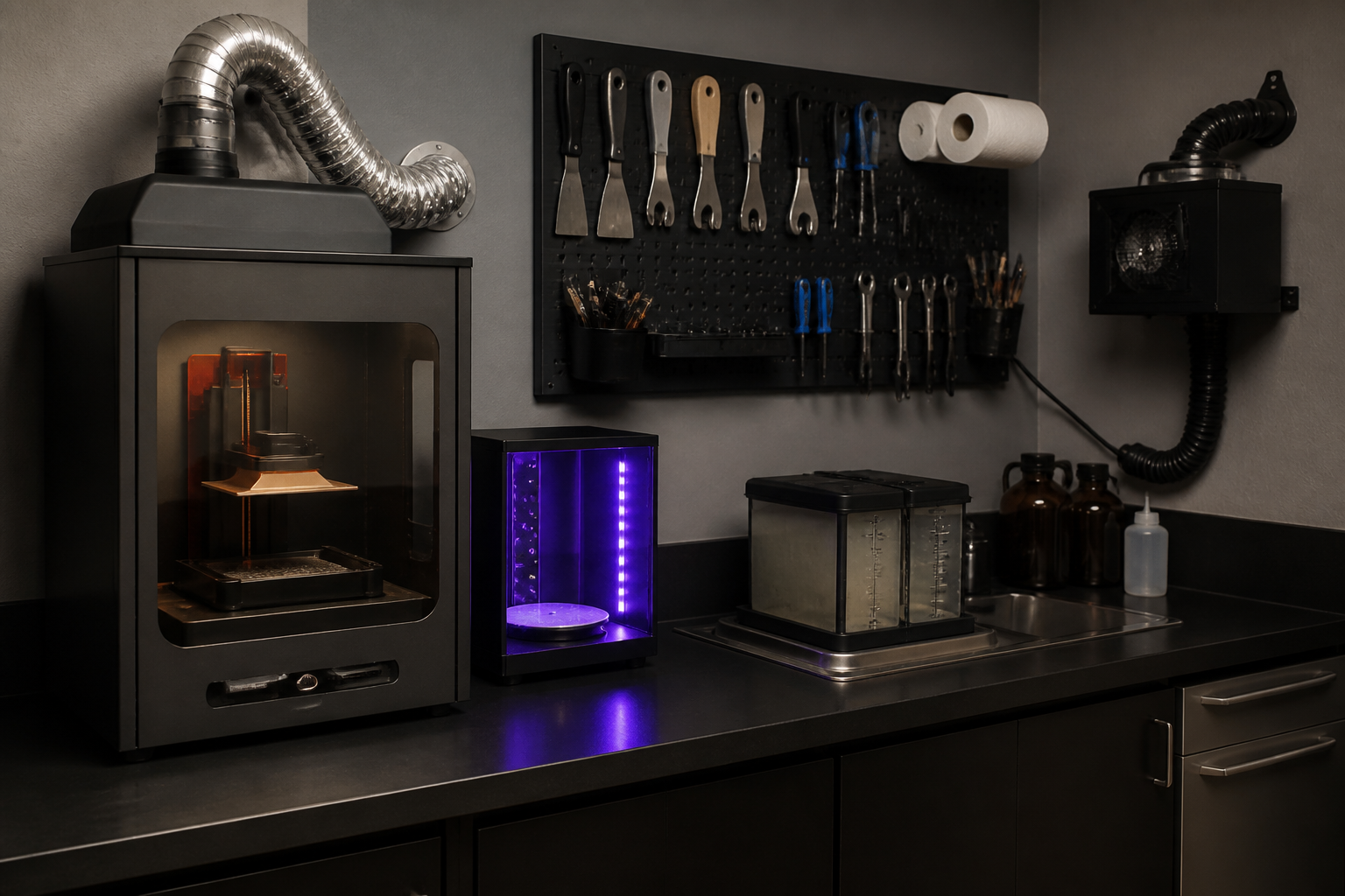 Compact resin 3D printing station with ventilation enclosure and curing equipment in garage