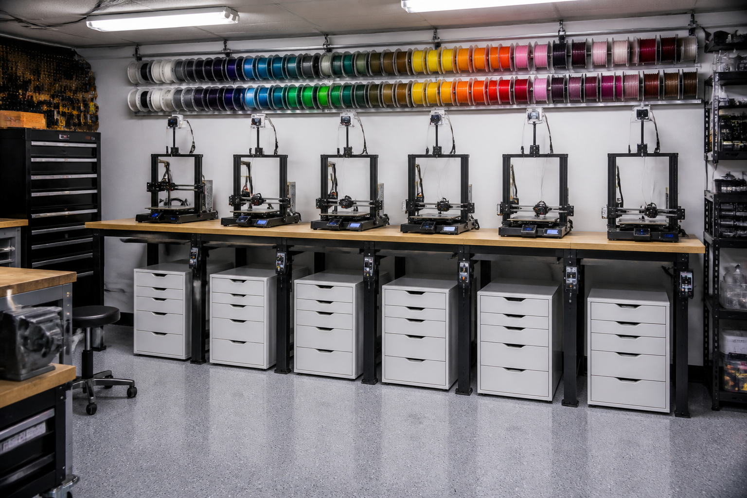 Large scale 3D printing farm setup in garage with camera monitoring and organized storage