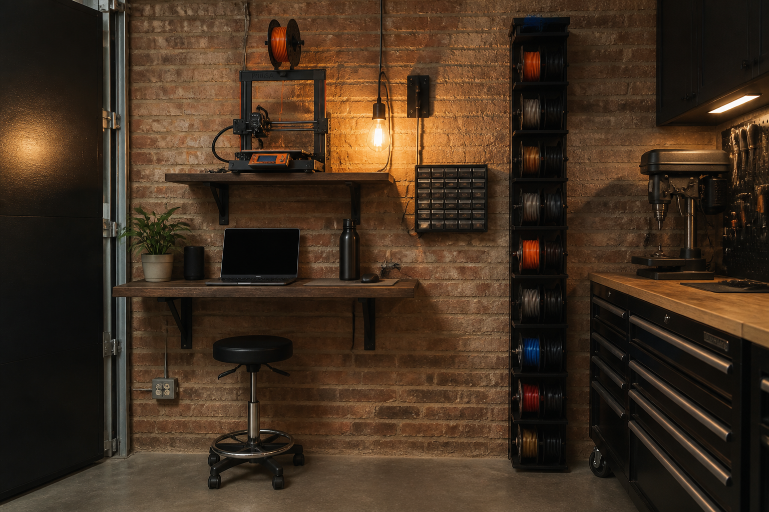 Minimalist wall-mounted 3D printing workstation with compact filament storage in garage