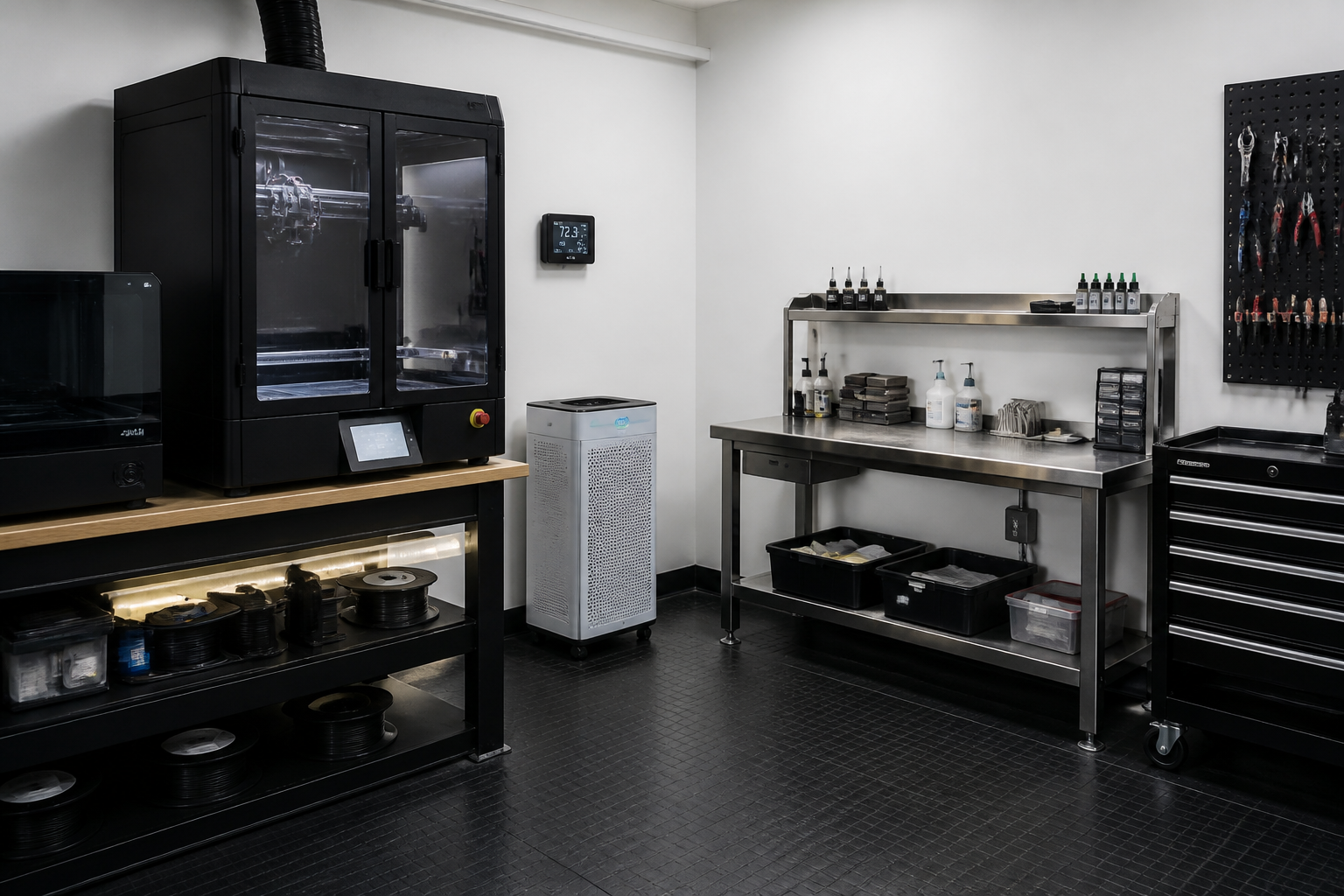 Professional 3D printing lab in garage with environmental controls and post-processing area
