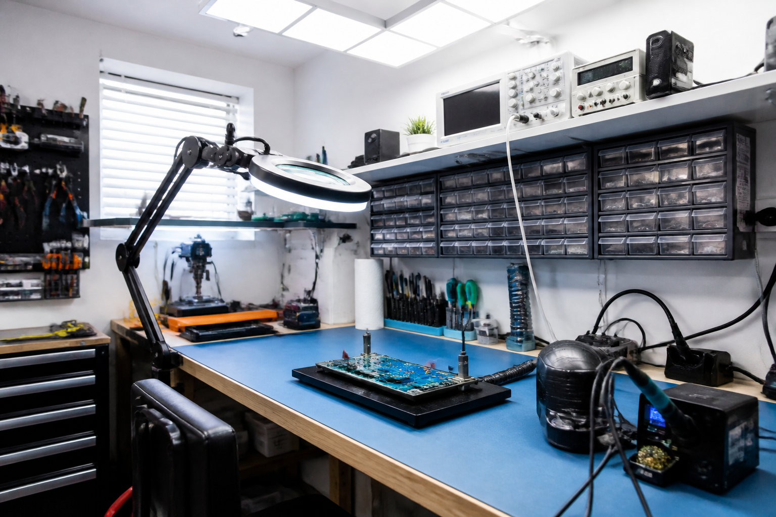 Professional electronics repair station with magnification, soldering equipment, and organized component storage