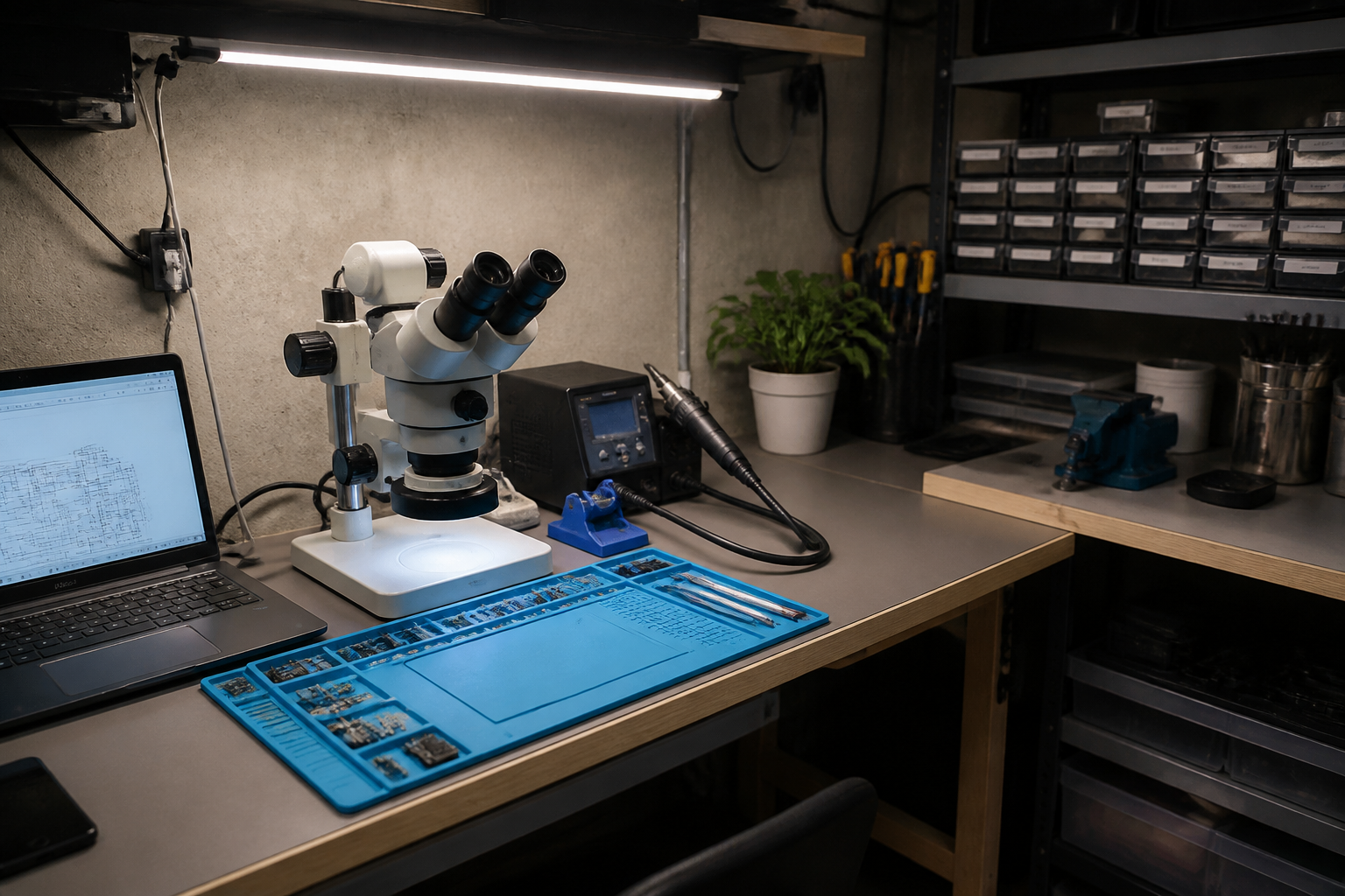 Compact SMD electronics rework station with microscope and hot air equipment in garage corner