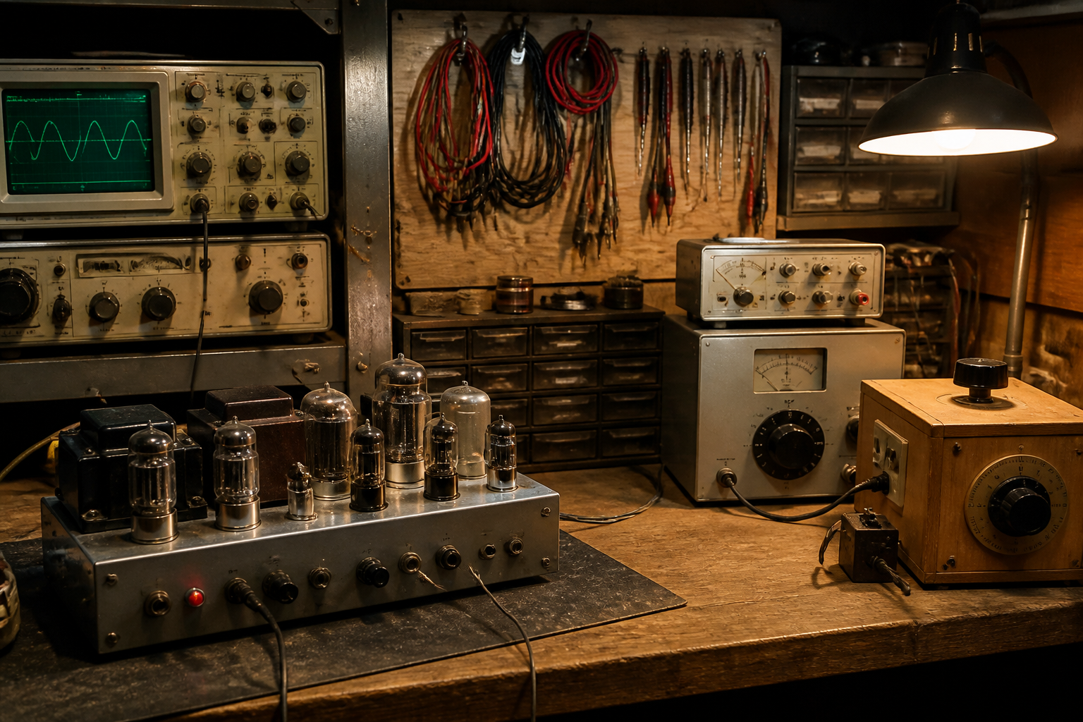 Vintage electronics repair station with tube amp testing equipment and analog instruments