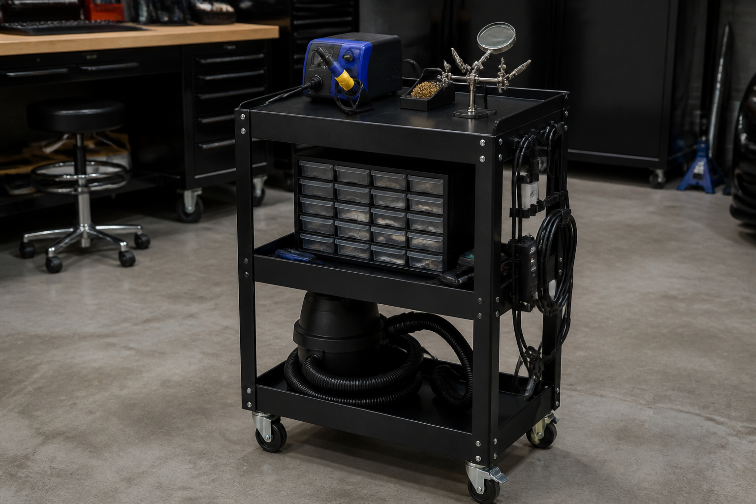 Three-tier mobile electronics repair cart with soldering station and organized storage on wheels