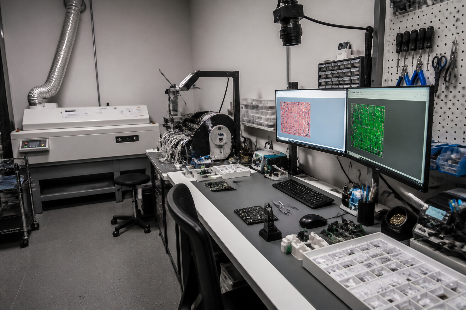 Advanced electronics prototyping lab with reflow equipment and component placement tools in garage