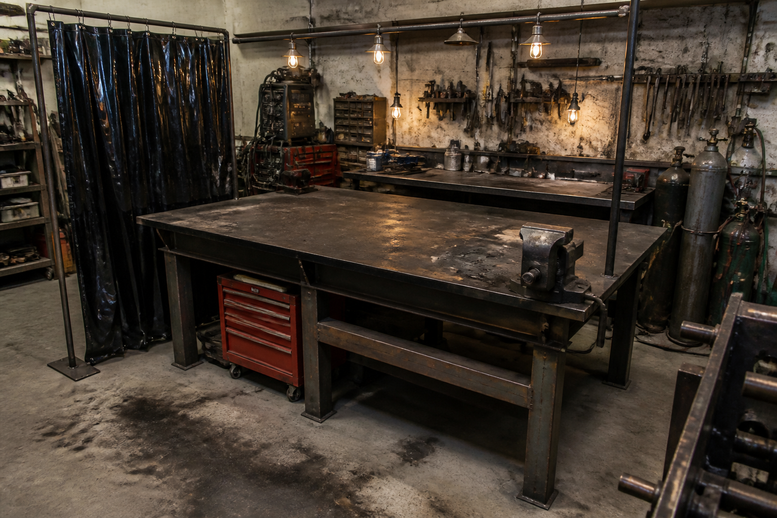 Heavy-duty steel welding fabrication table with integrated vise in industrial garage