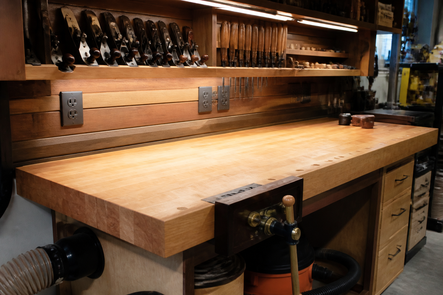 Solid maple butcher block fabrication bench with woodworking vise and tool wall storage