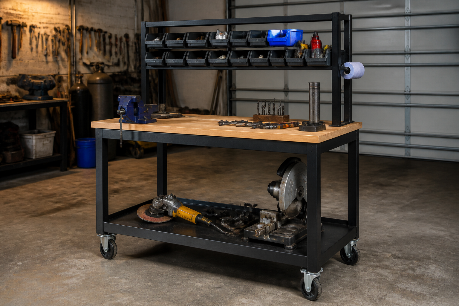 Mobile heavy-duty fabrication bench on casters with multiple work surfaces and tool storage