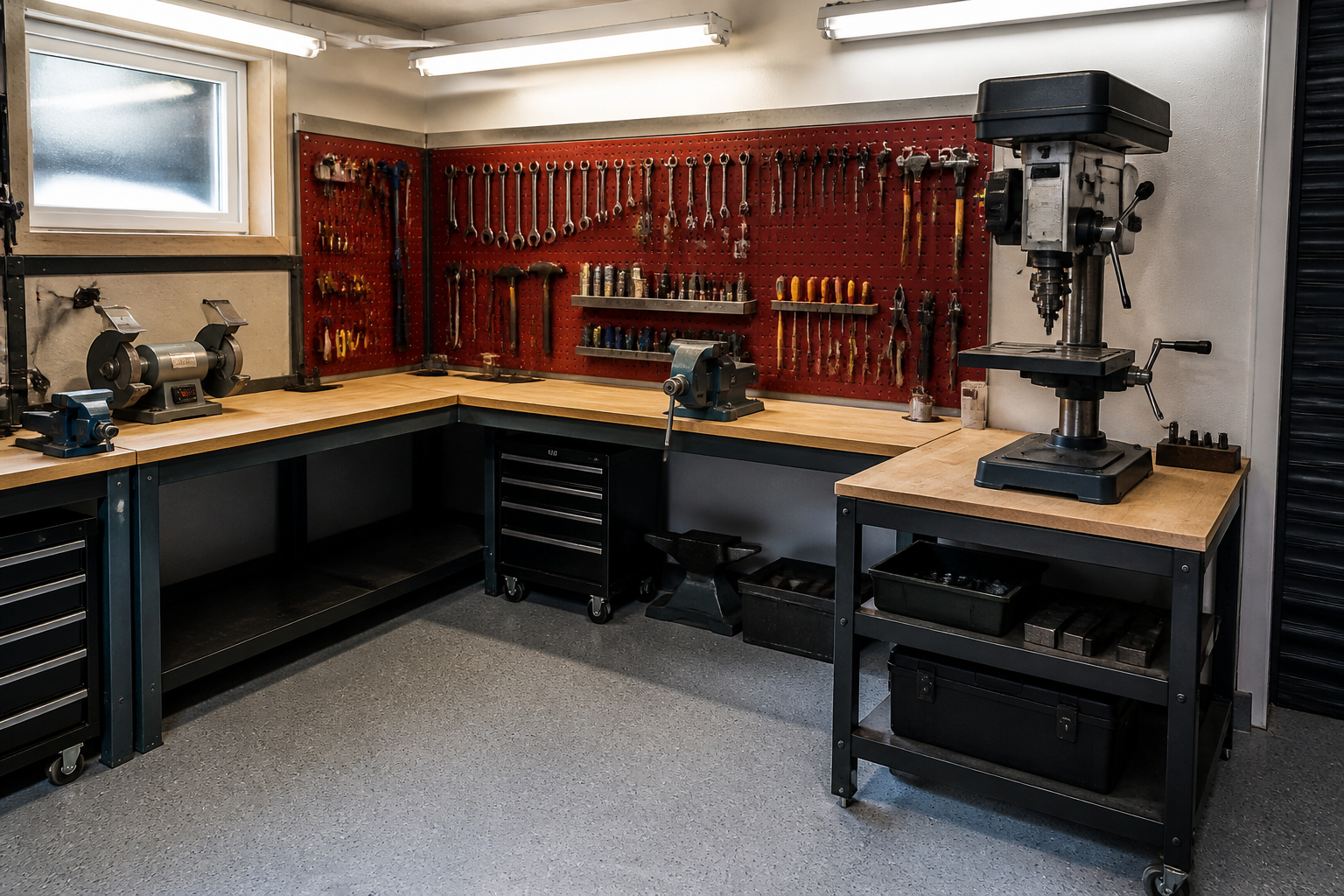 Corner L-shaped fabrication workbench with mounted drill press and bench grinder in garage