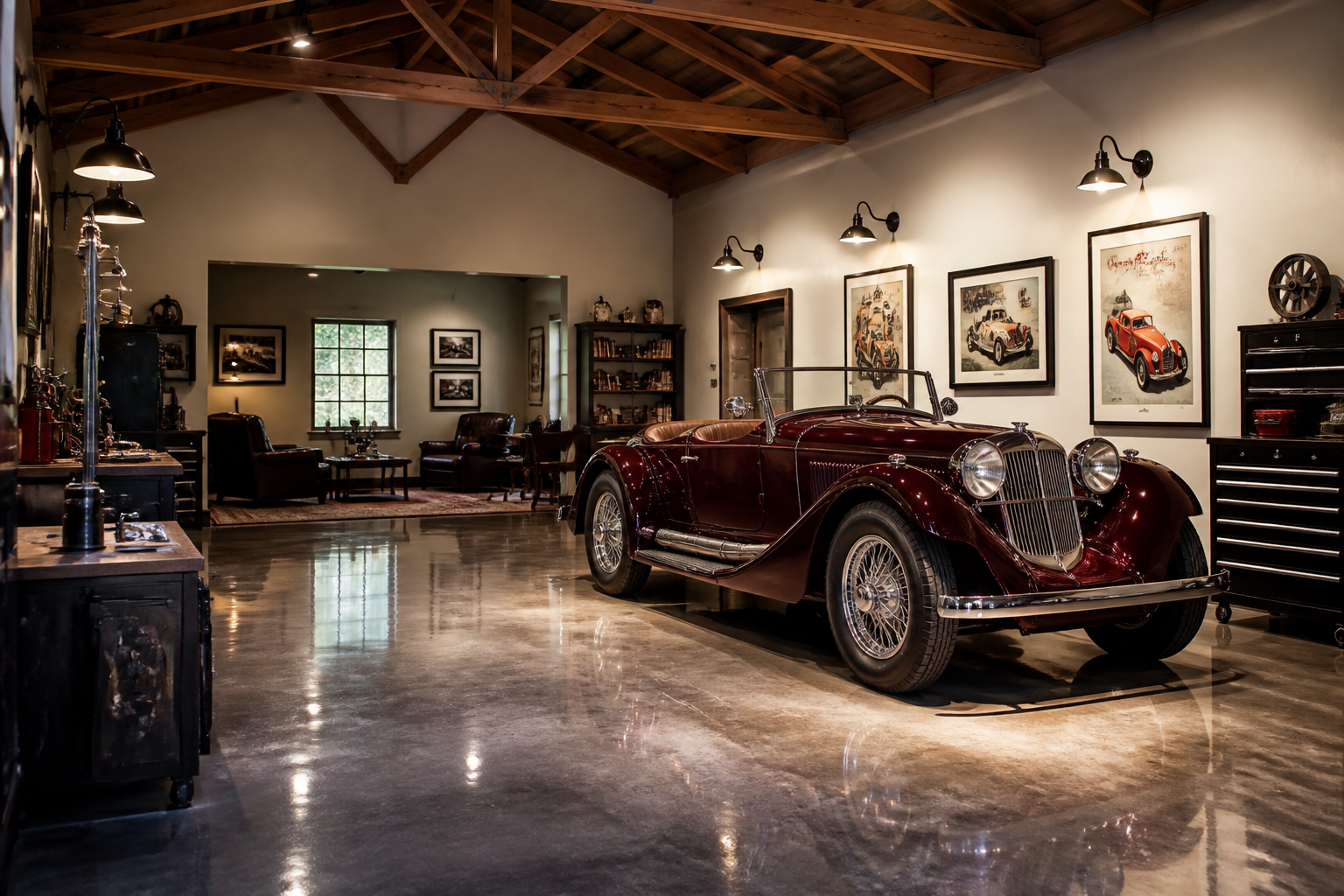 Classic garage featuring burgundy 1930s roadster with barn lights and exposed beam ceiling