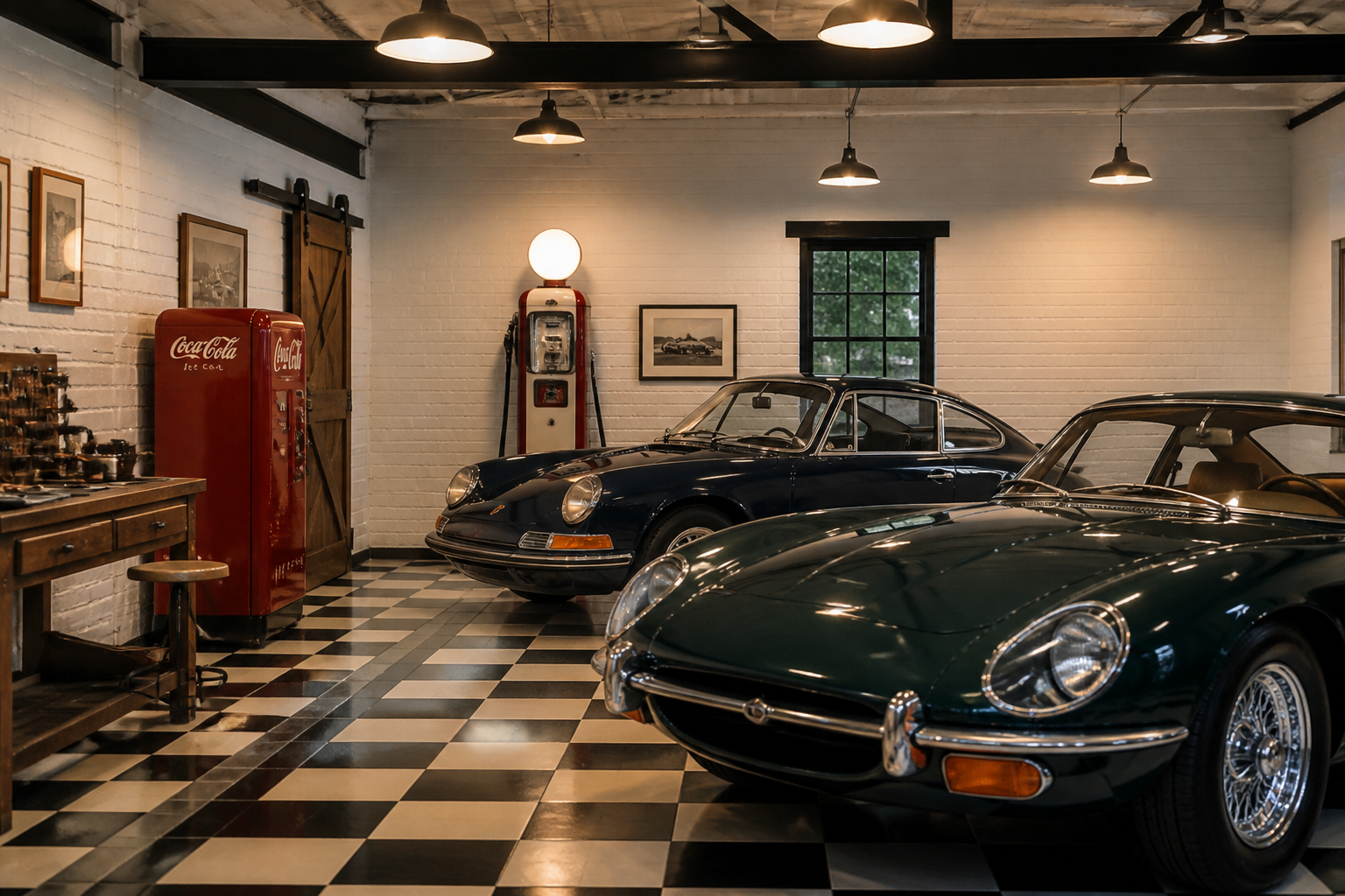 Vintage garage with checkered floor and two 1970s sports cars plus nostalgic decor