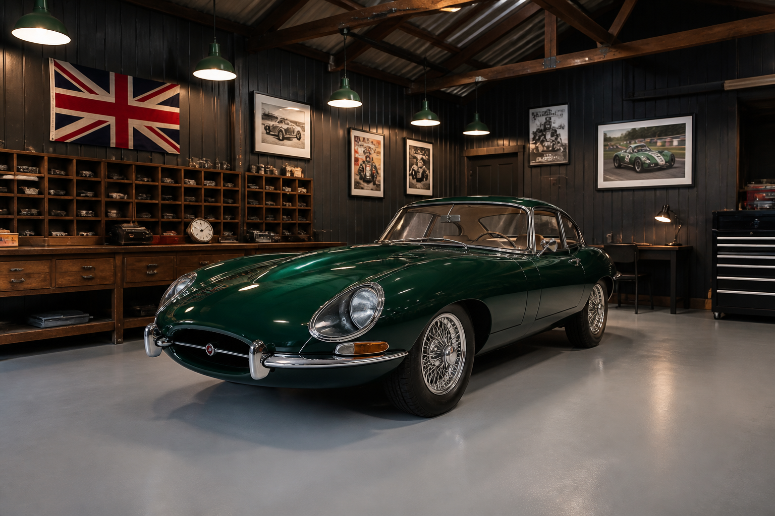 Heritage garage with British racing green sports car and dark wood paneled walls