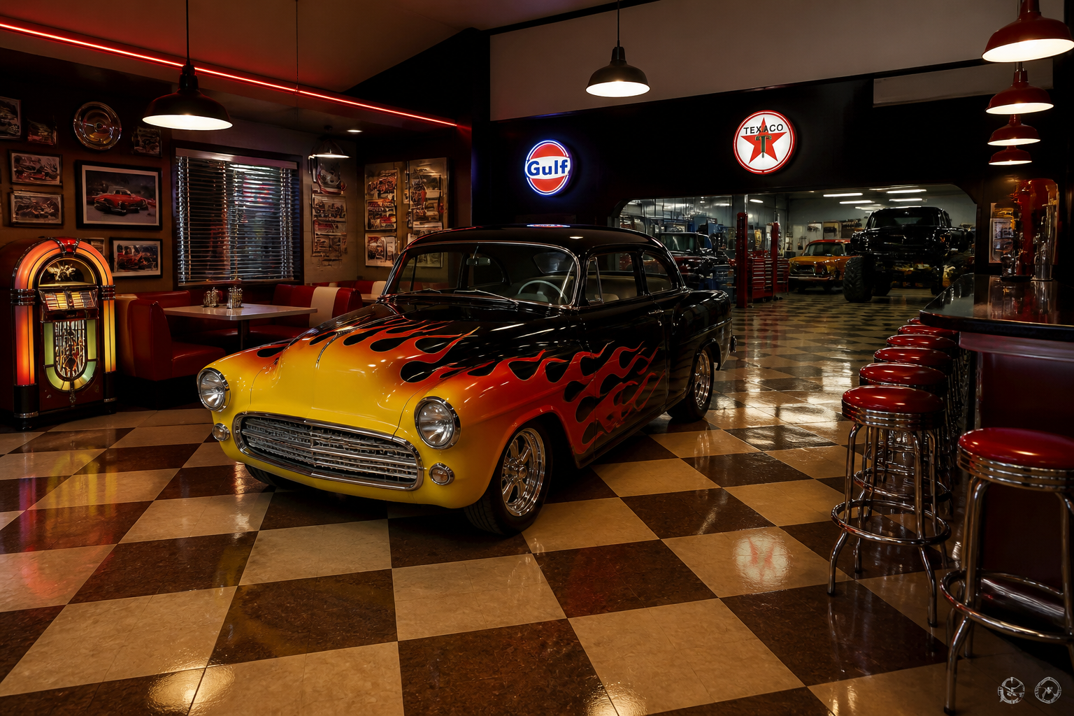 Nostalgic hot rod garage with diner booth seating and neon motor oil signs