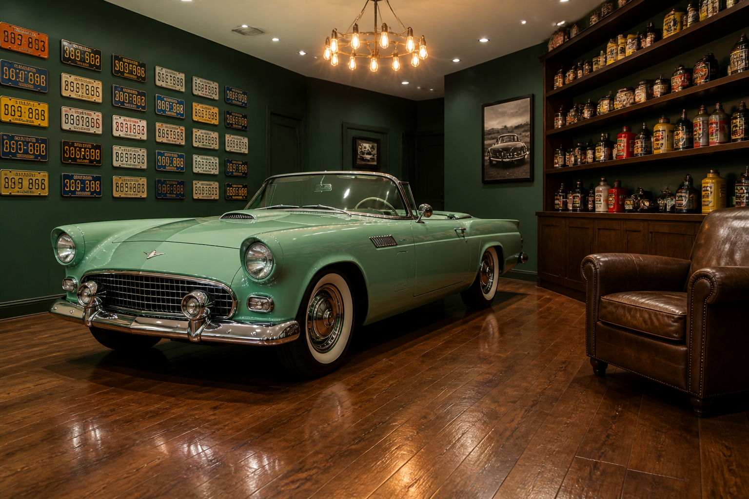 Traditional garage with hardwood floor and mint green 1950s convertible under Edison bulb lighting