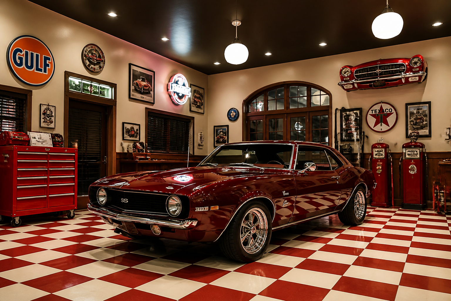 Classic garage with red checkered floor and 1960s muscle car under vintage globe lights
