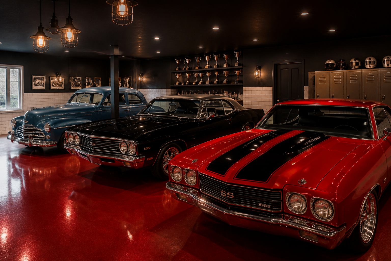 Collector garage with red floor and three classic American cars from different eras