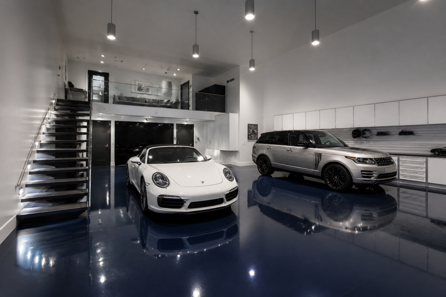 Two-story luxury garage with blue metallic floor and floating stairs to loft