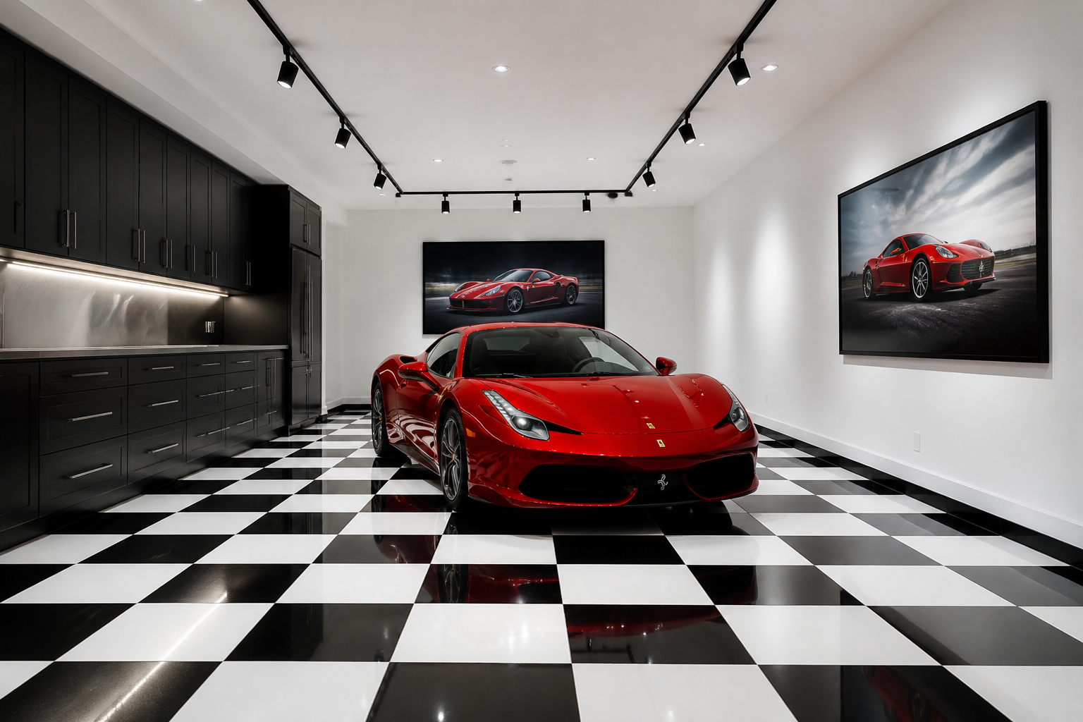 Minimalist garage with black and white checkered floor and centered red sports car