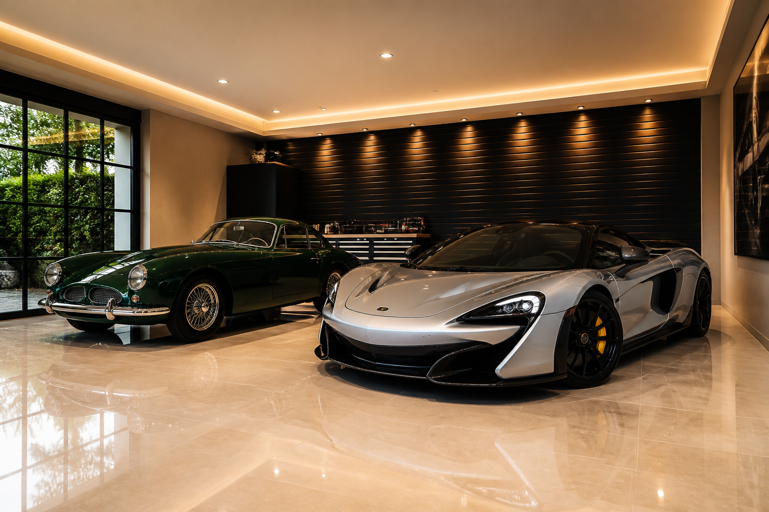 Cream-tiled luxury garage mixing vintage and modern sports cars with warm lighting