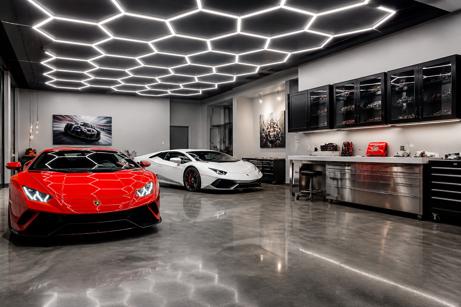 Gray luxury car garage with geometric LED panels and exotic supercars on polished concrete