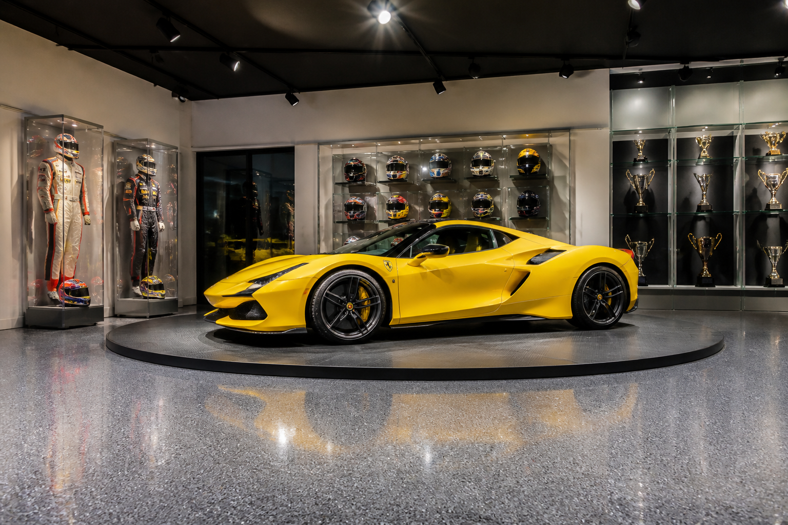Luxury garage with rotating platform displaying yellow exotic sports car and racing memorabilia