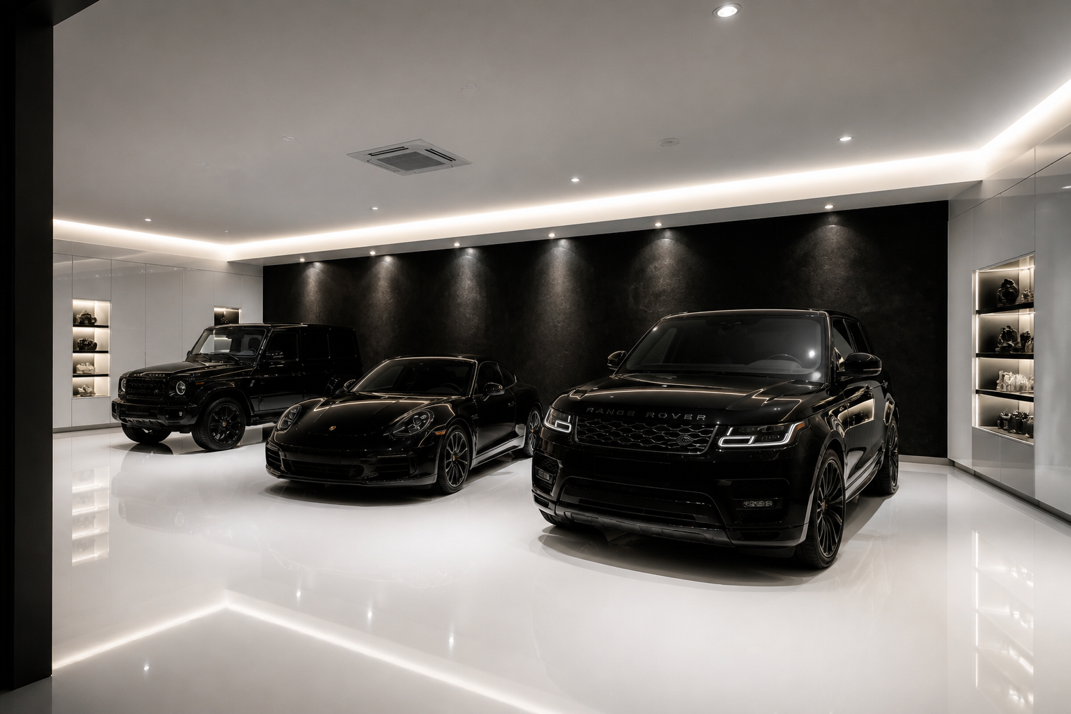 Ultra-modern garage with seamless white floor and three aligned black luxury cars