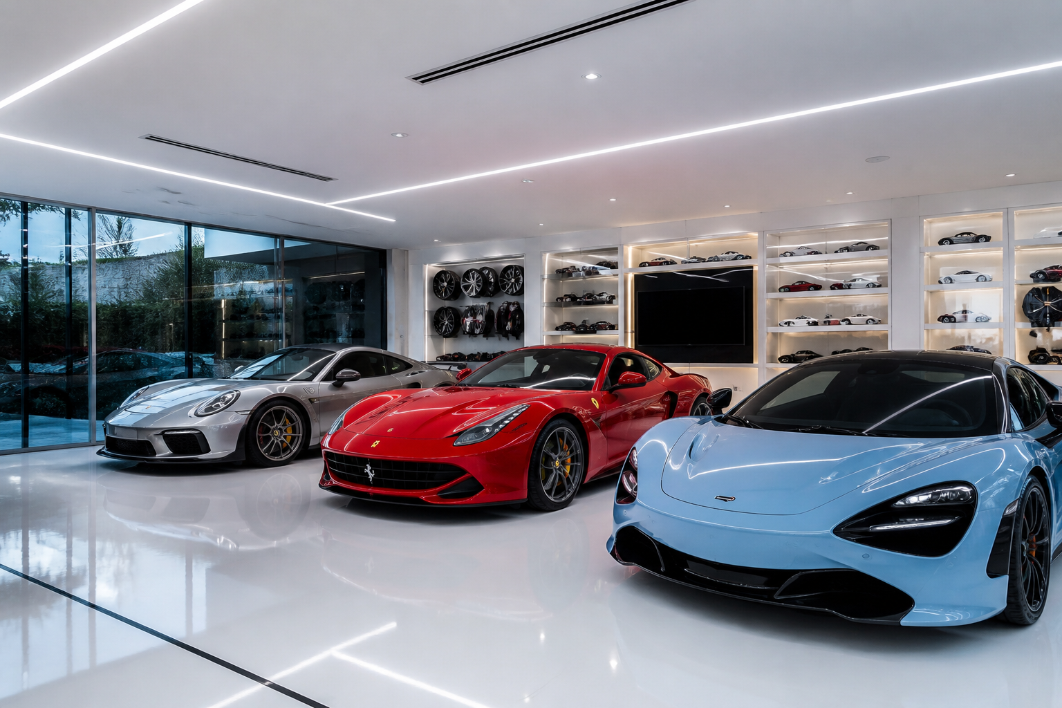 Modern luxury garage with white epoxy floor and three sports cars under bright LED lighting