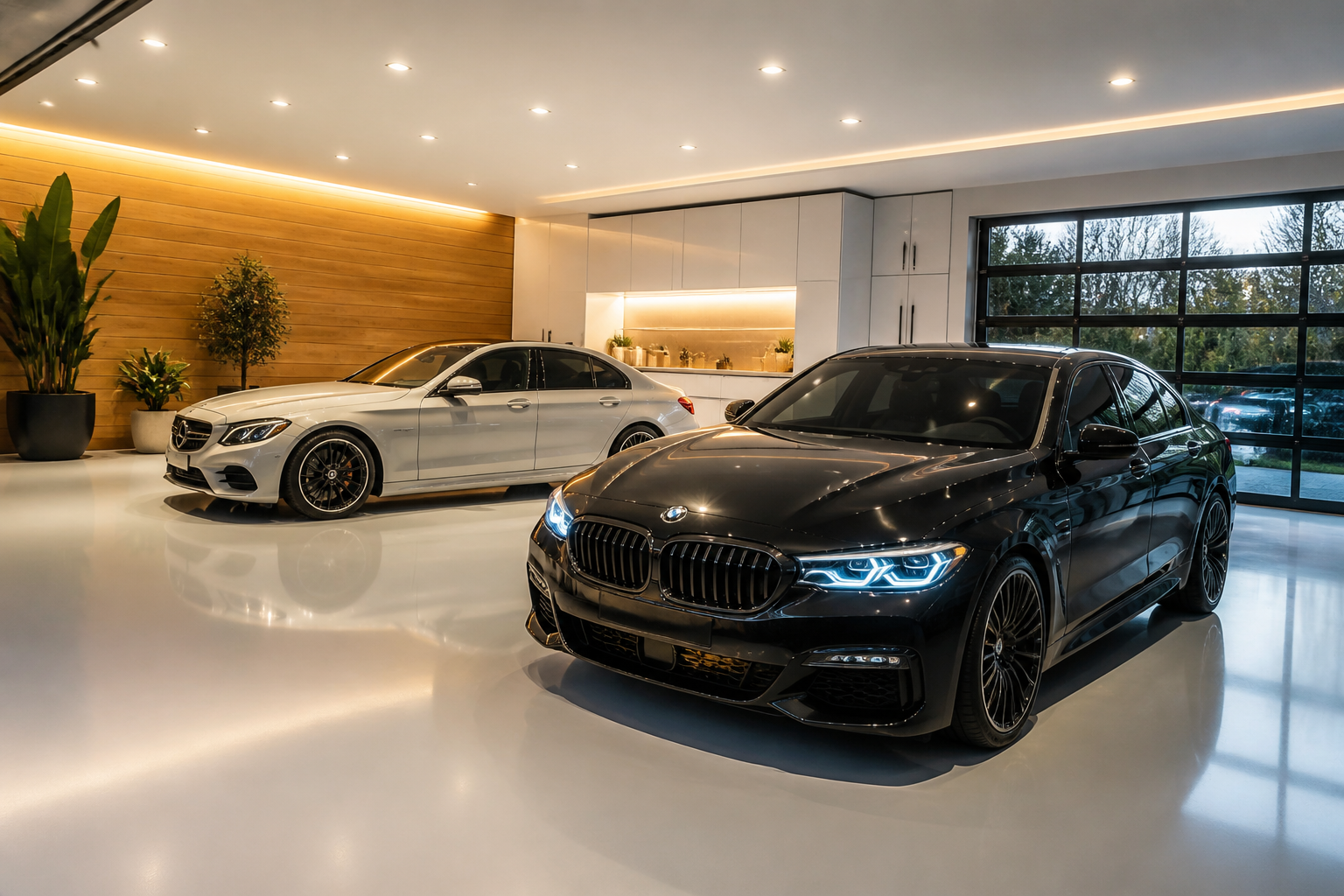 Modern garage showroom with wood accent wall and glass garage door