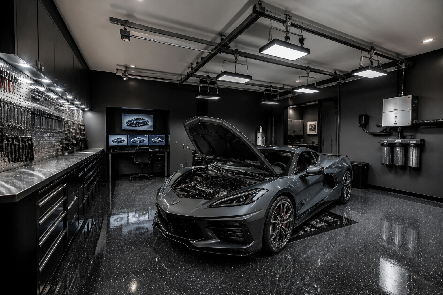 Advanced garage with motorized track lighting and computer diagnostic station