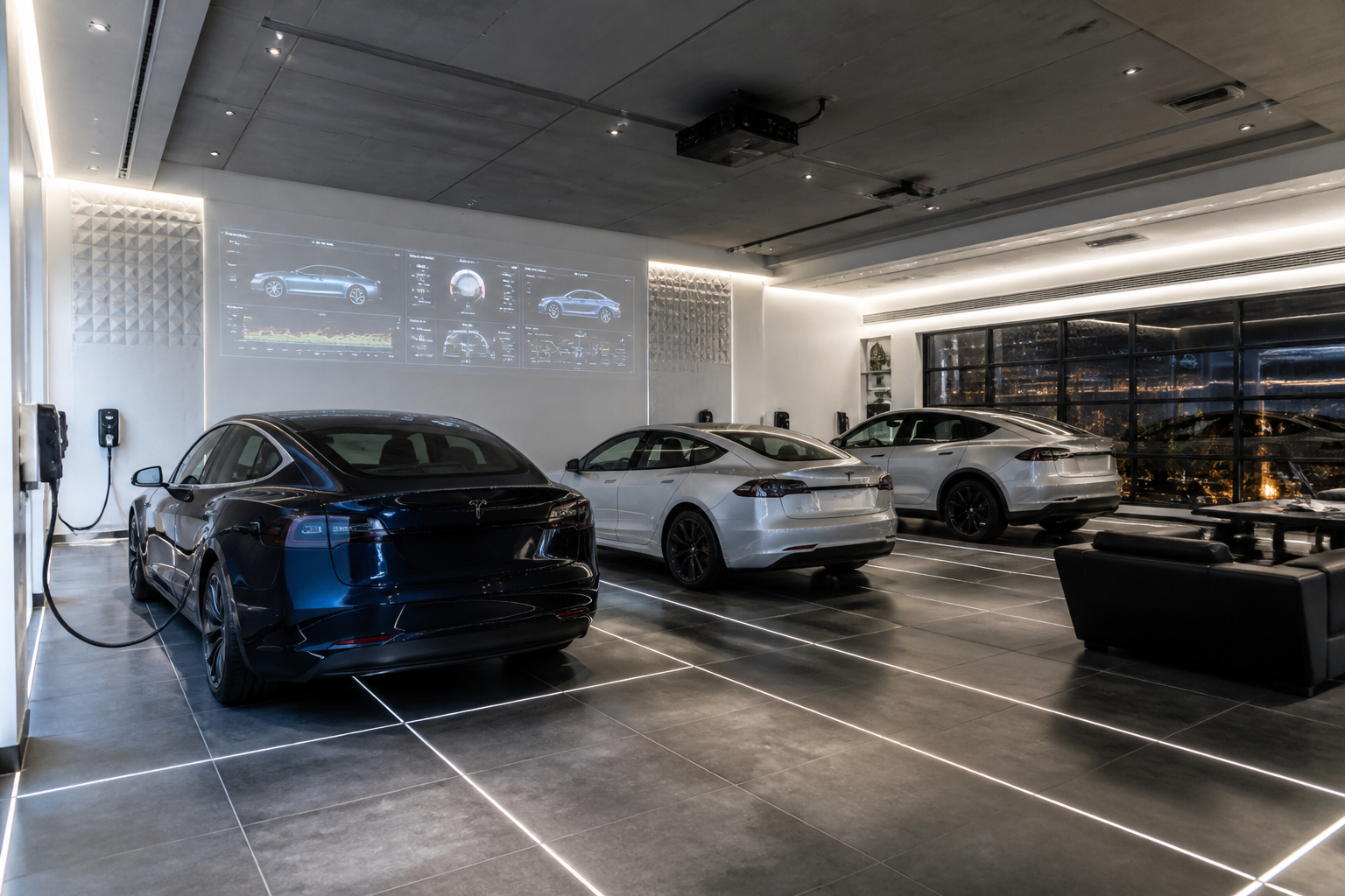 Tech-forward garage with floor-embedded LED strips and three electric vehicles charging