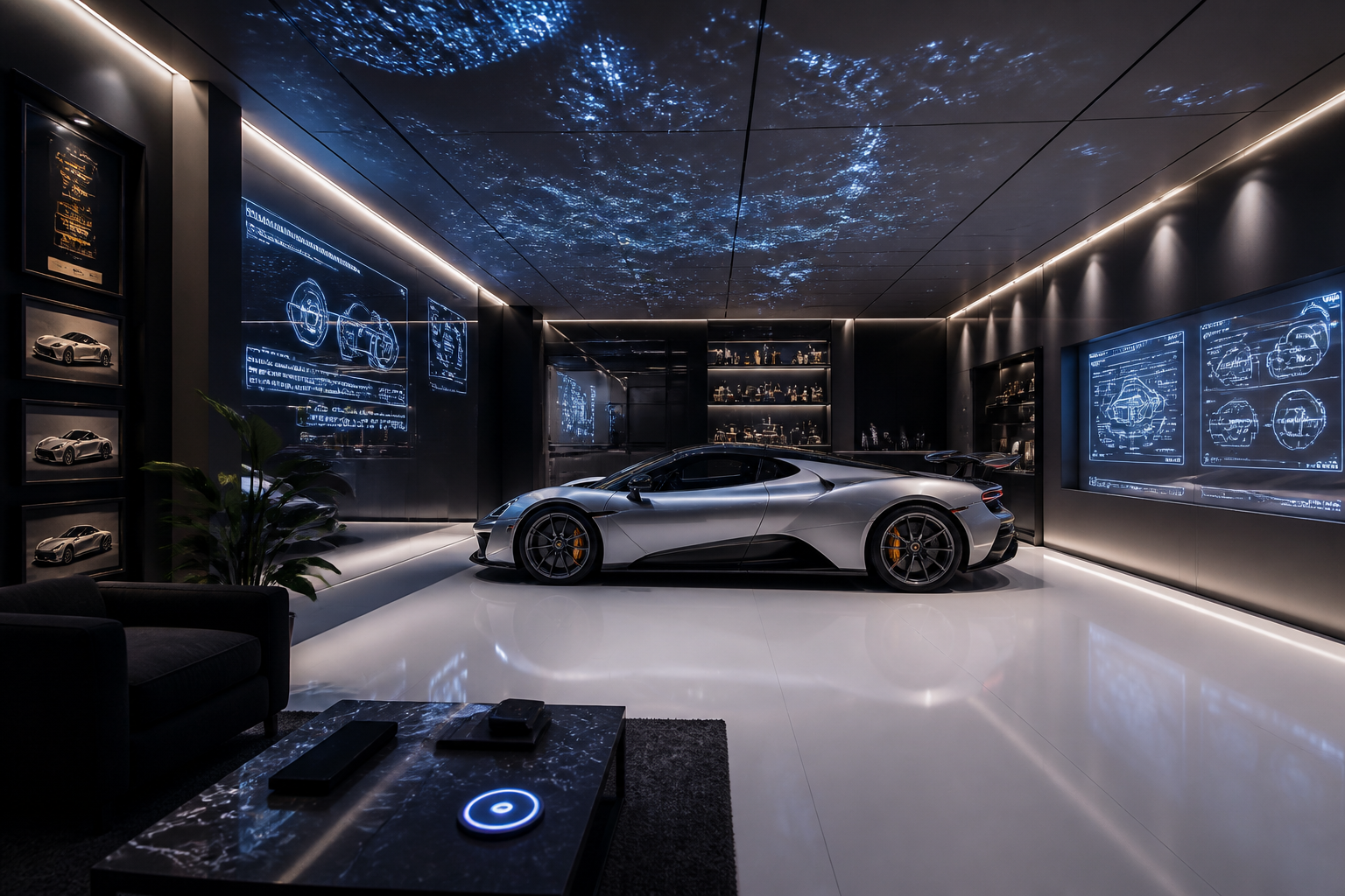 Ultra-modern garage with transparent OLED displays and projection mapping ceiling effects