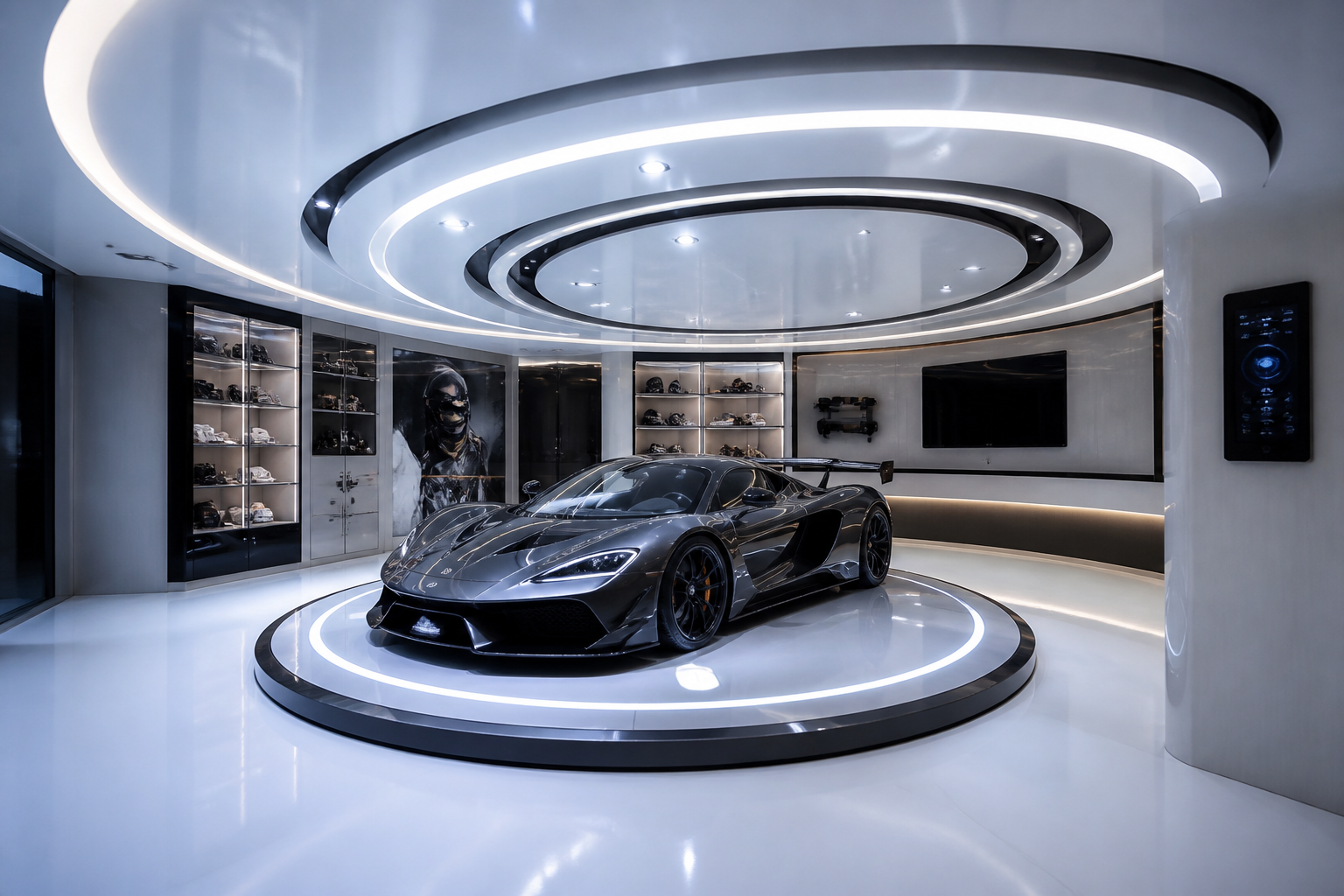 Futuristic garage with hypercar on LED-lit rotating platform and curved ceiling panels
