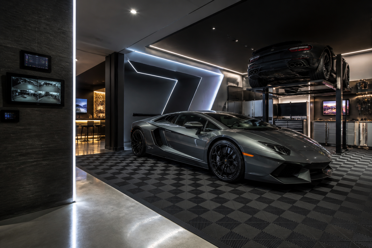 High-performance garage with color-changing LED accents and security camera monitoring