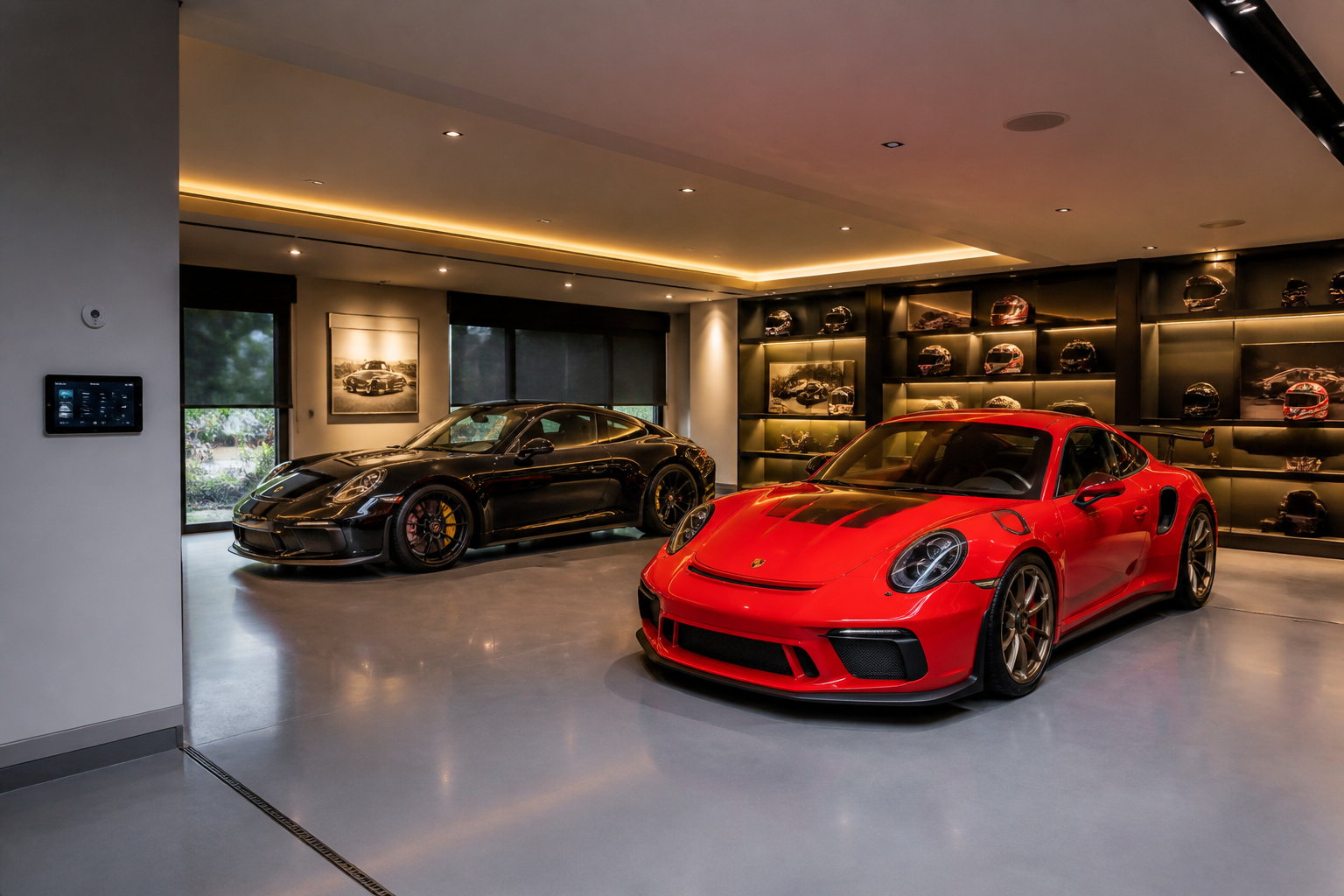 Smart garage with illuminated display shelving and integrated home automation controls
